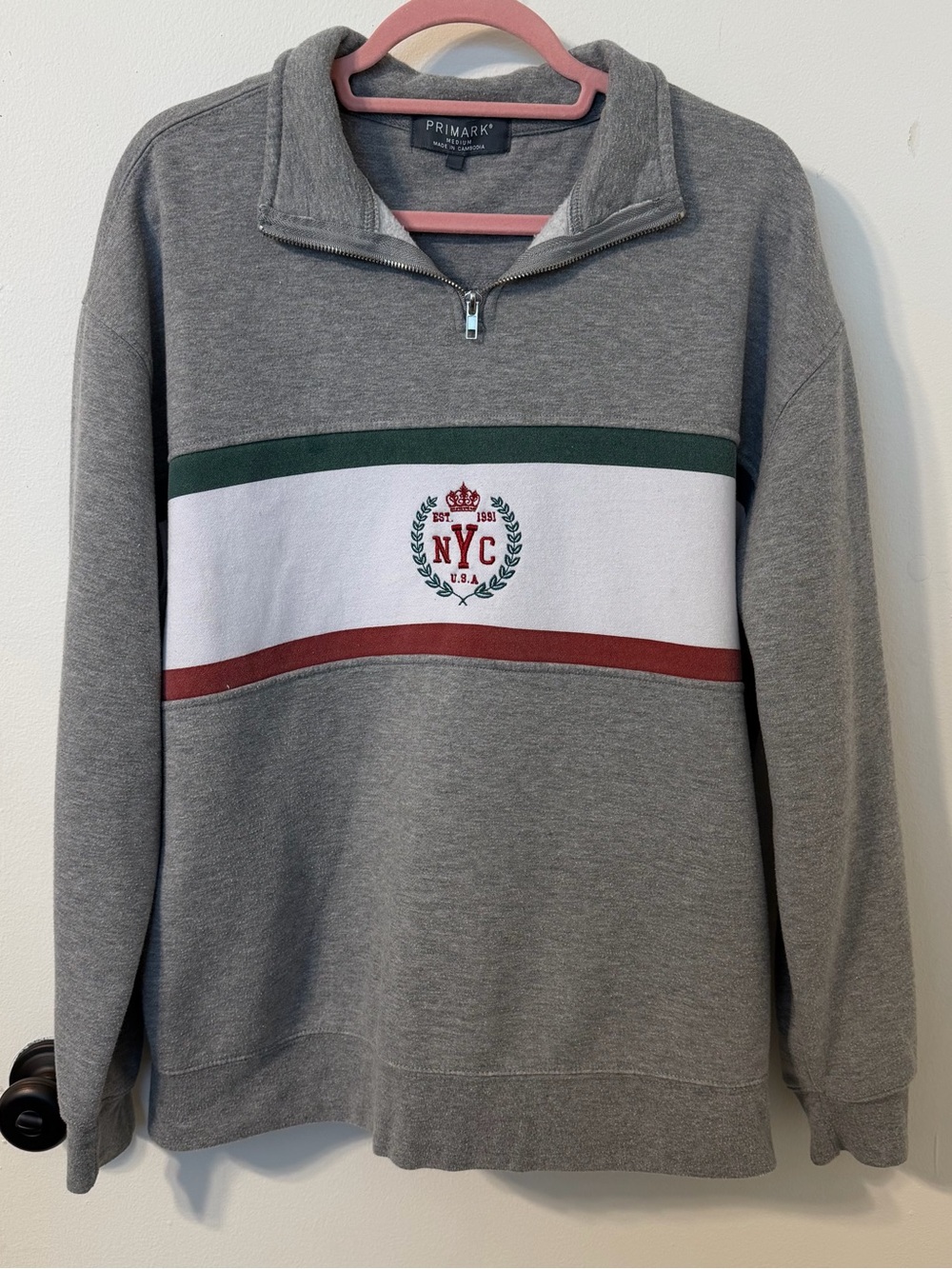 Primark Grey Quarter-Zip Sweater with White Panel and Green & Red Stripes